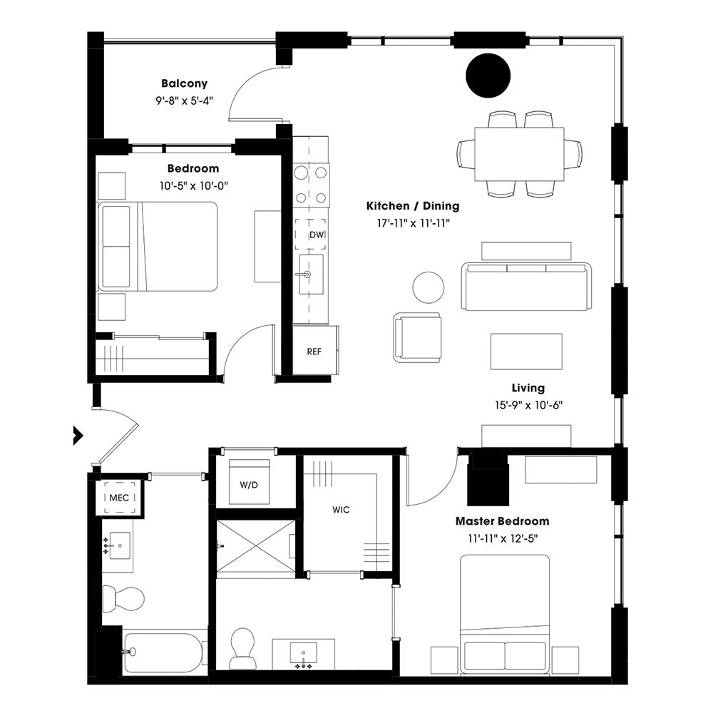Rendering of the B2 floor plan with 2 bedroom[s] and 2 bathroom[s] at 805 Lea