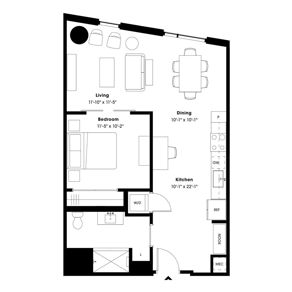 Rendering of the A7 floor plan with 1 bedroom[s] and 1 bathroom[s] at 805 Lea