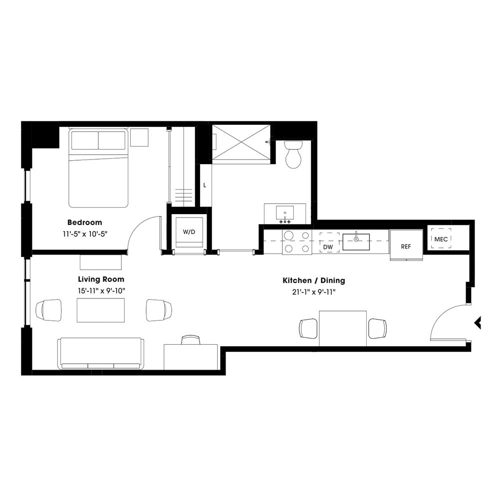 Rendering of the A3 floor plan with 1 bedroom[s] and 1 bathroom[s] at 805 Lea