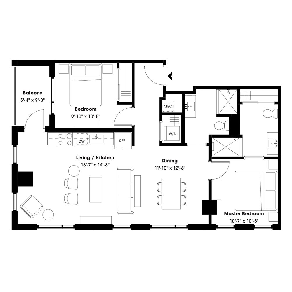 Rendering of the B1 floor plan with 2 bedroom[s] and 2 bathroom[s] at 805 Lea