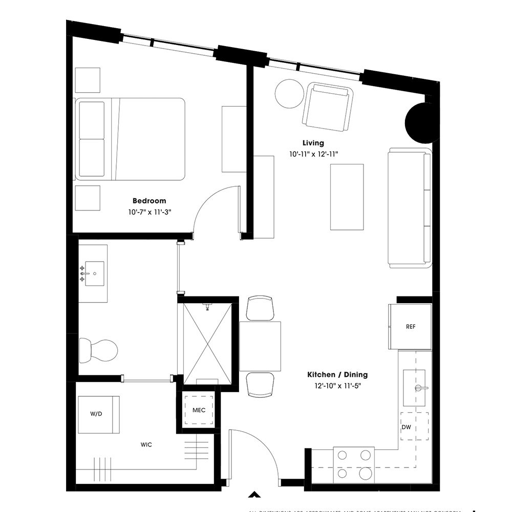 Rendering of the A1 floor plan with 1 bedroom[s] and 1 bathroom[s] at 805 Lea