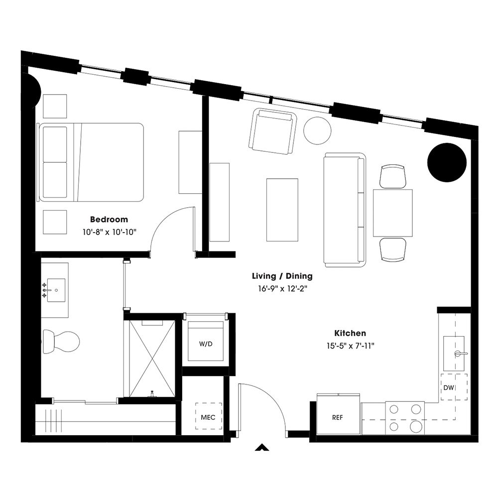Rendering of the A2 floor plan with 1 bedroom[s] and 1 bathroom[s] at 805 Lea