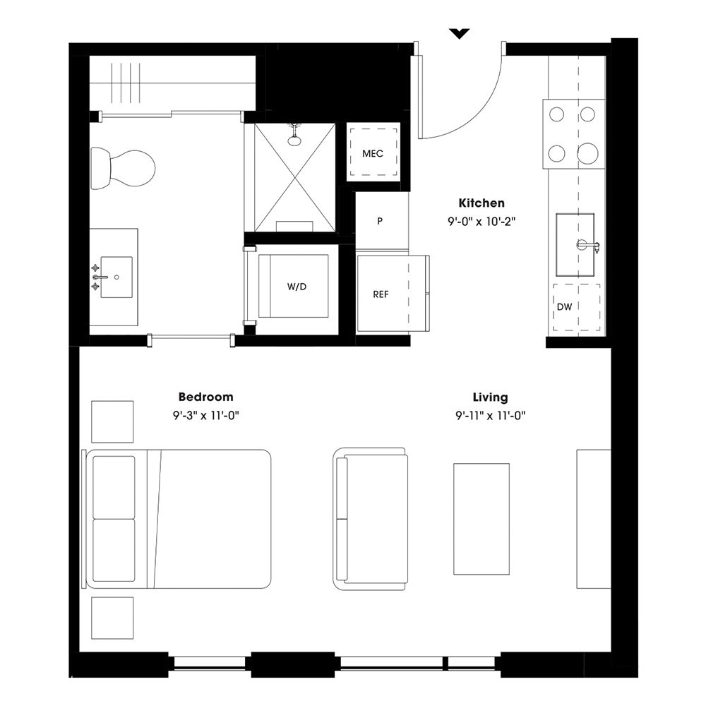 Rendering of the S1 floor plan with a Studio bedroom and 1 bathroom[s] at 805 Lea