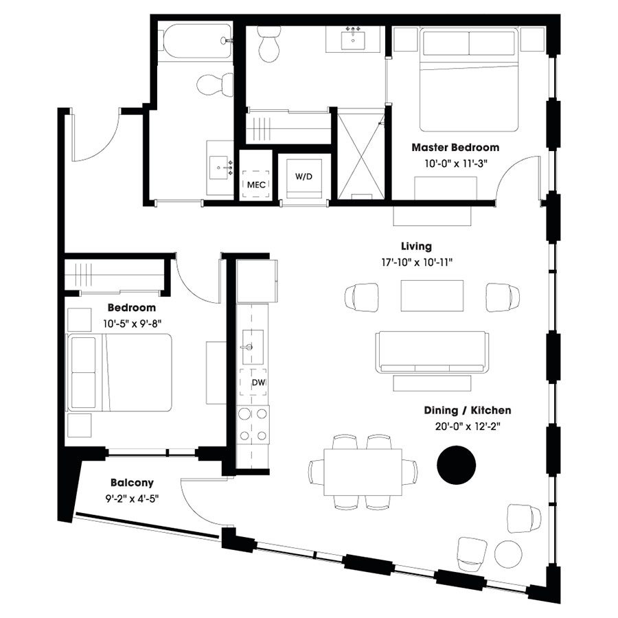 Rendering of the B3 floor plan with 2 bedroom[s] and 2 bathroom[s] at 805 Lea