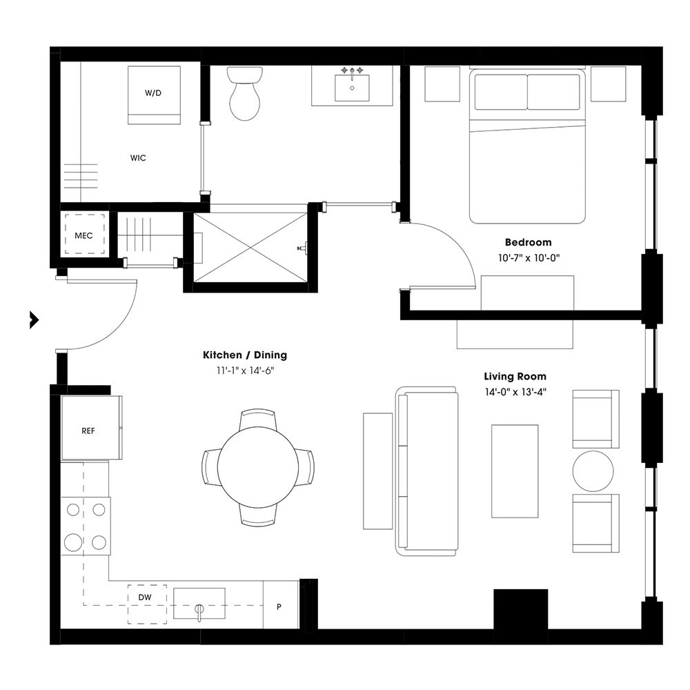 Rendering of the A4 floor plan with 1 bedroom[s] and 1 bathroom[s] at 805 Lea