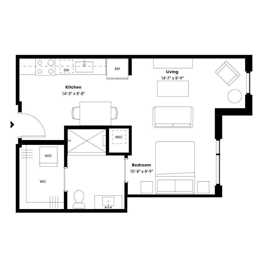 Rendering of the S3 floor plan with a Studio bedroom and 1 bathroom[s] at 805 Lea