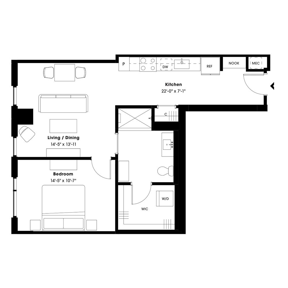 Rendering of the A6 floor plan with 1 bedroom[s] and 1 bathroom[s] at 805 Lea
