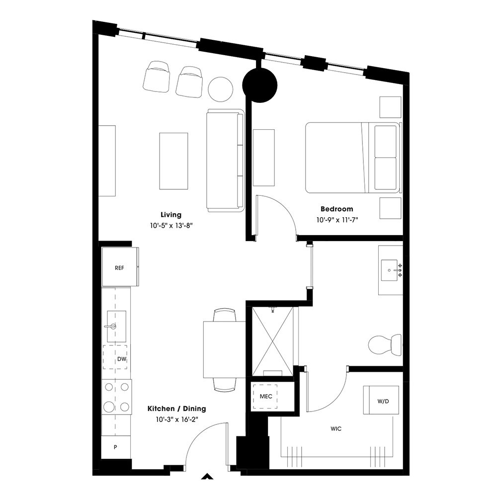 Rendering of the A5 floor plan with 1 bedroom[s] and 1 bathroom[s] at 805 Lea