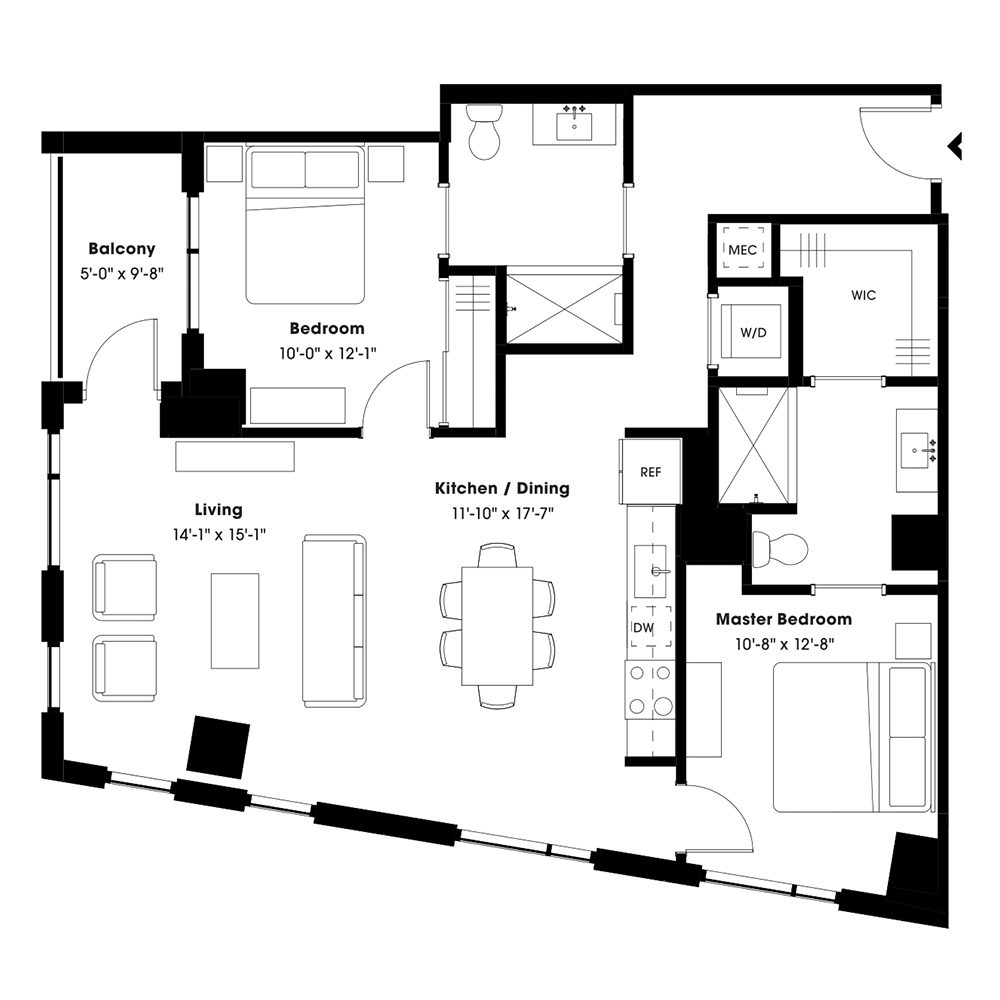 Rendering of the B5 floor plan with 2 bedroom[s] and 2 bathroom[s] at 805 Lea