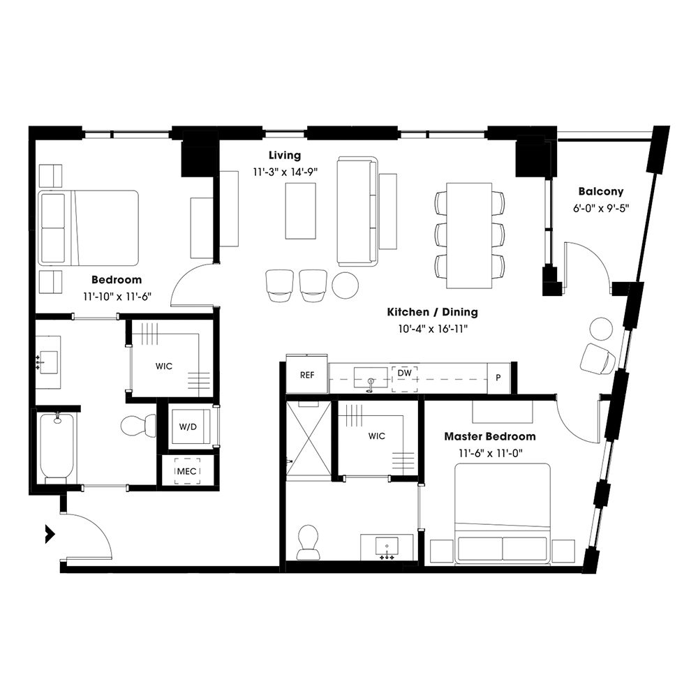 Rendering of the B4 floor plan with 2 bedroom[s] and 2 bathroom[s] at 805 Lea