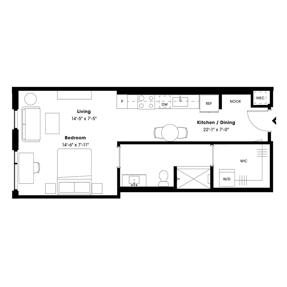 Rendering of the S4 floor plan with a Studio bedroom and 1 bathroom[s] at 805 Lea